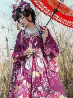Ensemble Lolita de style japonais : robe Lolita kimono rose sans manches à imprimé floral et n艙uds en polyester.