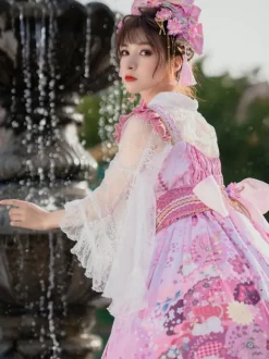 Ensemble Lolita de style japonais : robe Lolita kimono rose sans manches à imprimé floral et n艙uds en polyester.