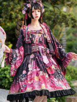 Ensemble Lolita de style japonais : robe Lolita kimono rose sans manches à imprimé floral et n艙uds en polyester.