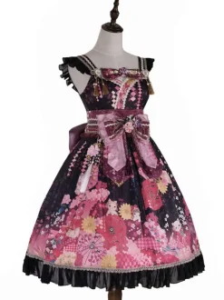 Ensemble Lolita de style japonais : robe Lolita kimono rose sans manches à imprimé floral et n艙uds en polyester.