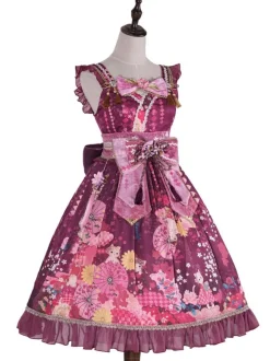Ensemble Lolita de style japonais : robe Lolita kimono rose sans manches à imprimé floral et n艙uds en polyester.