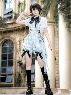 Ensemble Lolita Ouji combinaison et chemise Lolita à carreaux bleus et blancs