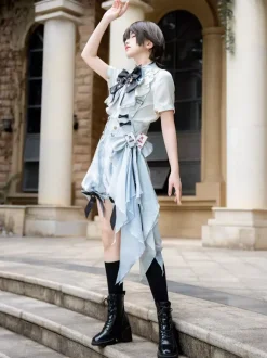 Ensemble Lolita Ouji combinaison et chemise Lolita à carreaux bleus et blancs