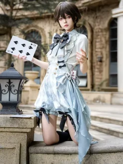Ensemble Lolita Ouji combinaison et chemise Lolita à carreaux bleus et blancs