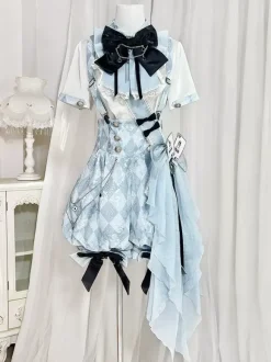 Ensemble Lolita Ouji combinaison et chemise Lolita à carreaux bleus et blancs