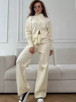 Ensemble lounge en maille à double fermeture éclair pour femme - Cardigan chic à col montant et pantalon large - Collection streetwear décontractée printemps 2026