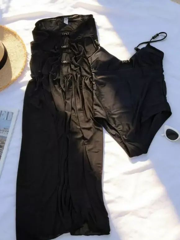 Ensemble maillot de bain noir sexy à bretelles en dentelle jupe longue sans manches soutien-gorge dos nageur