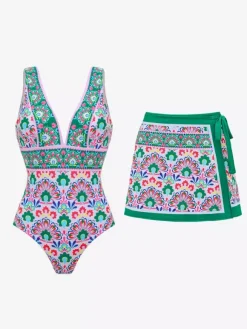Ensemble maillot de bain vert sexy à lacets dos nu imprimé col en V sans manches
