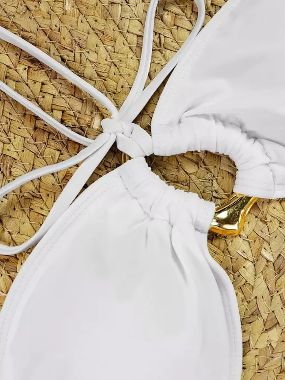 Ensemble maillot de bain et cache-maillot blanc sexy en dentelle à 艙illets jupe longue sans manches et soutien-gorge dos nageur.