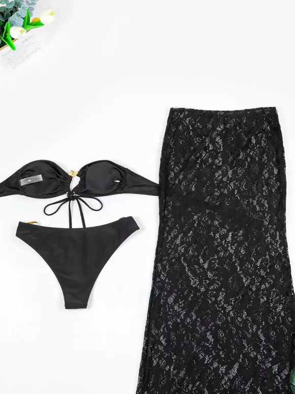 Ensemble maillot de bain et cache-maillot blanc sexy en dentelle à 艙illets jupe longue sans manches et soutien-gorge dos nageur.