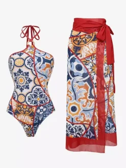 Ensemble maillot de bain et paréo rouge sexy à lacets dos nu imprimé floral et col en V