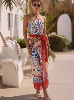 Ensemble maillot de bain et paréo rouge sexy à lacets dos nu imprimé floral et col en V