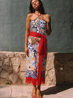 Ensemble maillot de bain et paréo rouge sexy à lacets dos nu imprimé floral et col en V