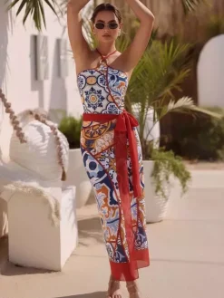 Ensemble maillot de bain et paréo rouge sexy à lacets dos nu imprimé floral et col en V