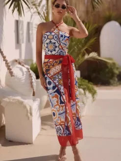 Ensemble maillot de bain et paréo rouge sexy à lacets dos nu imprimé floral et col en V