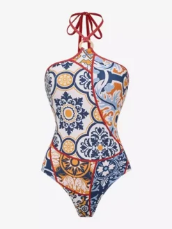 Ensemble maillot de bain et paréo rouge sexy à lacets dos nu imprimé floral et col en V