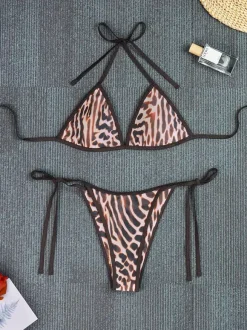 Ensemble maillot de bain léopard sexy à bretelles décolleté pantalon sans manches soutien-gorge dos nu