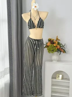Ensemble maillot de bain 3 pièces au crochet pour femme - Bikini triangle rayé dos nu et paréo - Vacances d'été à la plage 2026