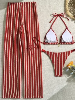 Ensemble maillot de bain 3 pièces au crochet pour femme - Bikini triangle rayé dos nu et paréo - Vacances d'été à la plage 2026