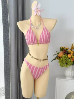 Ensemble maillot de bain 3 pièces au crochet pour femme - Bikini triangle rayé dos nu et paréo - Vacances d'été à la plage 2026
