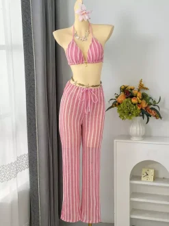 Ensemble maillot de bain 3 pièces au crochet pour femme - Bikini triangle rayé dos nu et paréo - Vacances d'été à la plage 2026