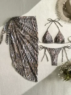 Ensemble maillot de bain 3 pièces imprimé léopard et tigre pour femme - Bikini triangle dos nu paréo long - Collection été 2026
