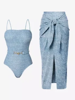 Ensemble maillot de bain et paréo bleu sexy à lacets dos nu et bretelles idéal pour l'été