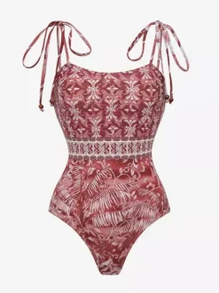 Ensemble maillot de bain et paréo rouge sexy à lacets dos nu imprimé floral bretelles et décolleté.