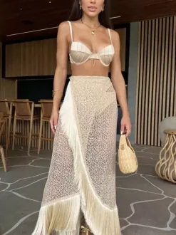 Ensemble maillots de bain et paréos abricot chic à volants bretelles et col sans manches