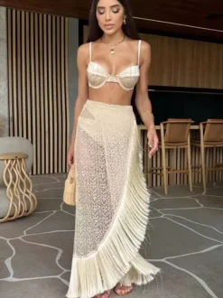Ensemble maillots de bain et paréos abricot chic à volants bretelles et col sans manches