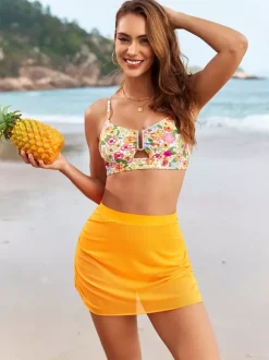 Ensemble maillots de bain et paréos orange chic à imprimé floral bretelles col sans manches