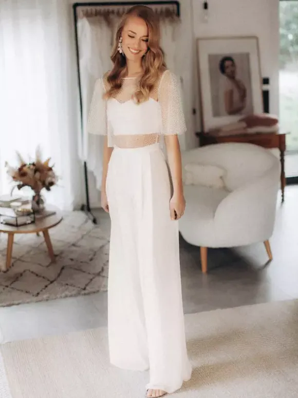 Ensemble pantalon 3 pièces pour la mariée en dentelle et mousseline décolleté illusion longueur au sol manches courtes lacées