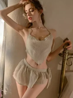 Ensemble pyjama vert haut de lingerie dos nu ensemble robe dos nu