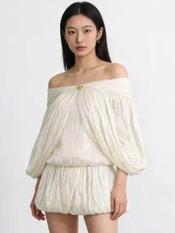 Ensemble robe mini-robe crème à épaules dénudées et volants pour femme style romantique chic