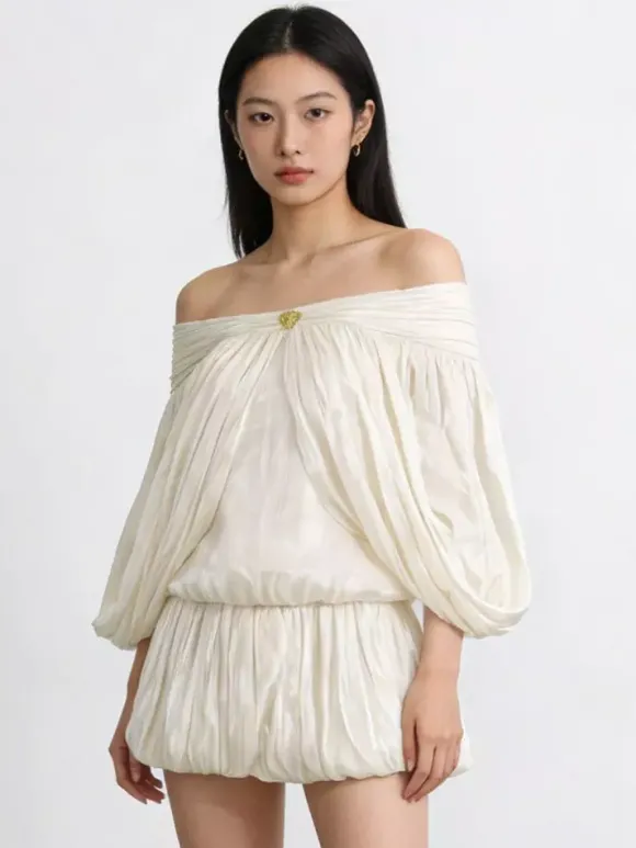 Ensemble robe mini-robe crème à épaules dénudées et volants pour femme style romantique chic