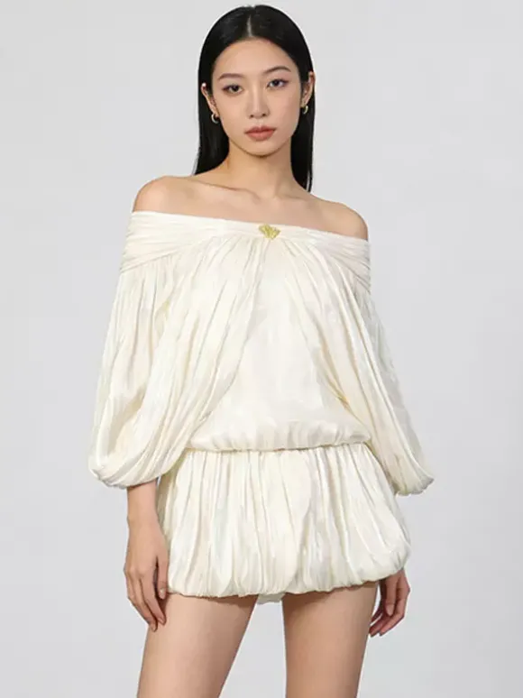 Ensemble robe mini-robe crème à épaules dénudées et volants pour femme style romantique chic