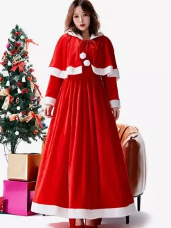 Ensemble Robe Rouge De Noël Cape Costumes De Vacances De Noël Déguisement