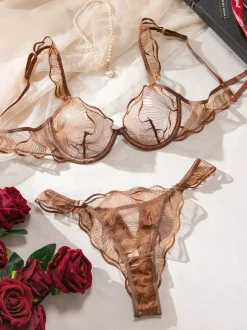 Ensemble soutien-gorge et culotte 2 pièces en dentelle florale bordeaux et marron à bordure festonnée