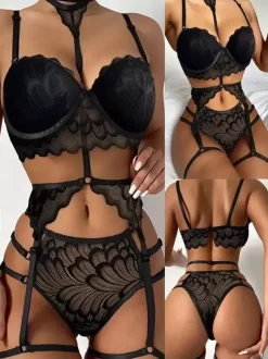 Ensemble soutien-gorge et culotte 2 pièces rouge à lacets et dos nu