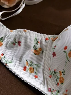 Ensemble soutien-gorge et culotte deux pièces en dentelle blanche à imprimé floral pour la mariée