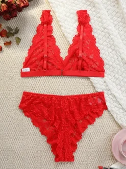 Ensemble soutien-gorge et culotte 2 pièces rouge sexy à imprimé floral et boutons dos nu