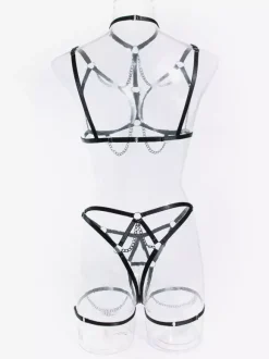Ensemble soutien-gorge et culotte 3 pièces à volants noirs à lacets