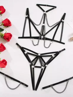 Ensemble soutien-gorge et culotte 3 pièces à volants noirs à lacets