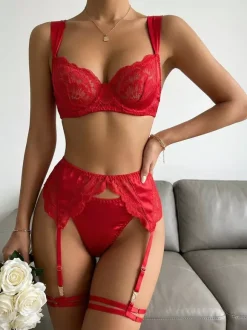 Ensemble soutien-gorge et culotte 4 pièces en dentelle transparente à imprimé floral bleu ciel clair