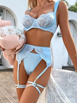 Ensemble soutien-gorge et culotte 4 pièces en dentelle transparente à imprimé floral bleu ciel clair