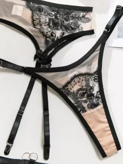 Ensemble soutien-gorge et culotte 4 pièces en dentelle transparente blanche à imprimé floral