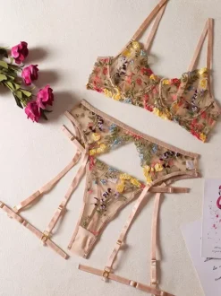 Ensemble Soutien-Gorge Et Culotte Femme 4 Pièces Lingerie Brodé Transparent