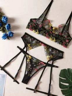 Ensemble Soutien-Gorge Et Culotte Femme 4 Pièces Lingerie Brodé Transparent