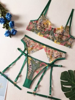 Ensemble Soutien-Gorge Et Culotte Femme 4 Pièces Lingerie Brodé Transparent