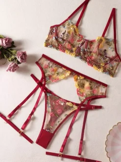 Ensemble Soutien-Gorge Et Culotte Femme 4 Pièces Lingerie Brodé Transparent